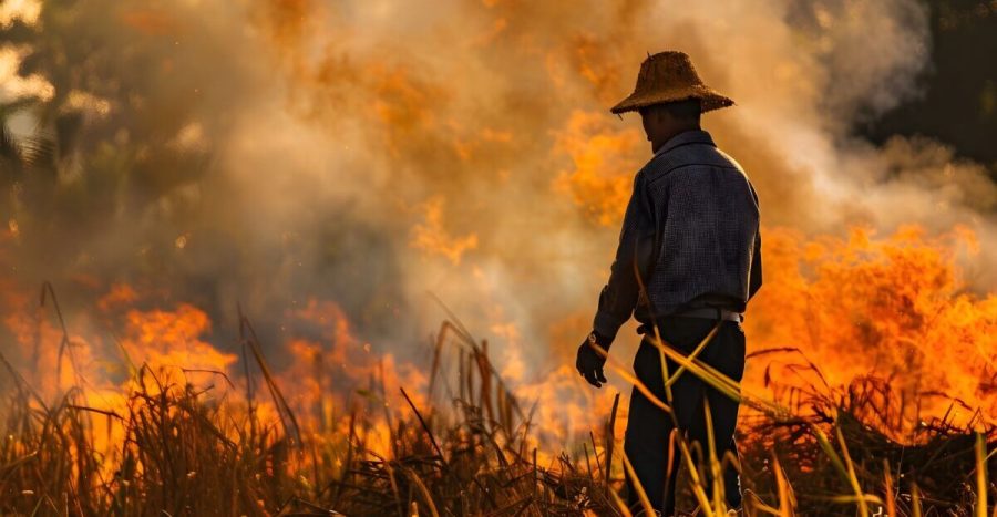 Farmer wearing hat burning forest land for agricultural land clearing in rural countryside landscape with dry grass flames and thick smoke during the process of slash and burn farming