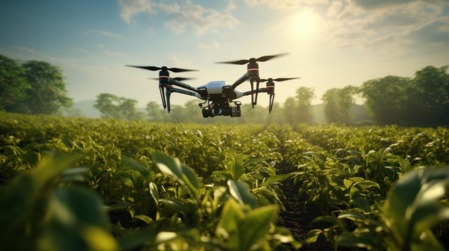 Lush green farmland being surveyed by a drone for precision agriculture.