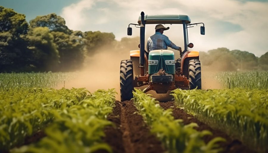 Farm worker driving tractor spraying green meadow